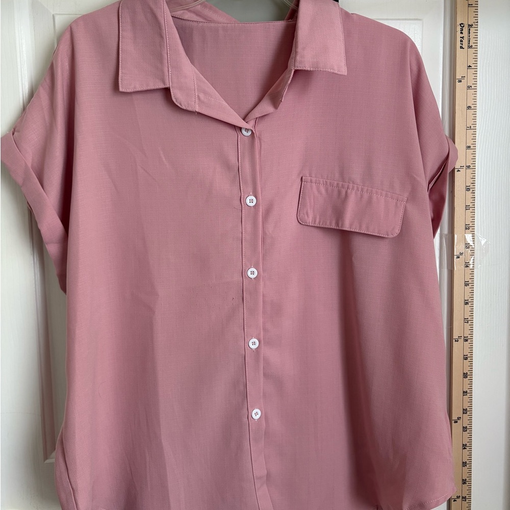 New Chic Pink Short Sleeve Camp Shirt Blouse